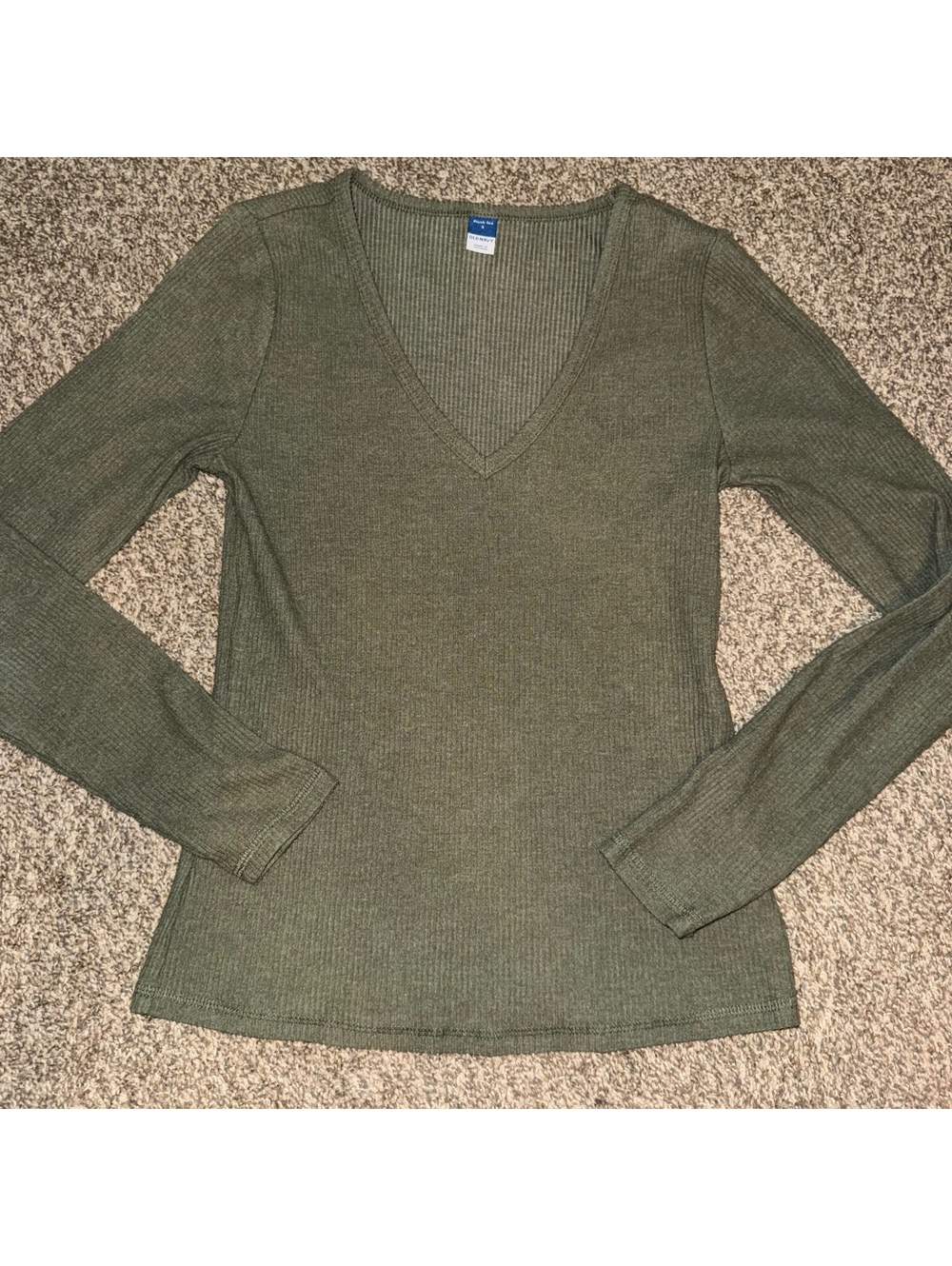 Old Navy Women's Olive Green Ribbed V-Neck Long Sleeve T-Shirt Size S